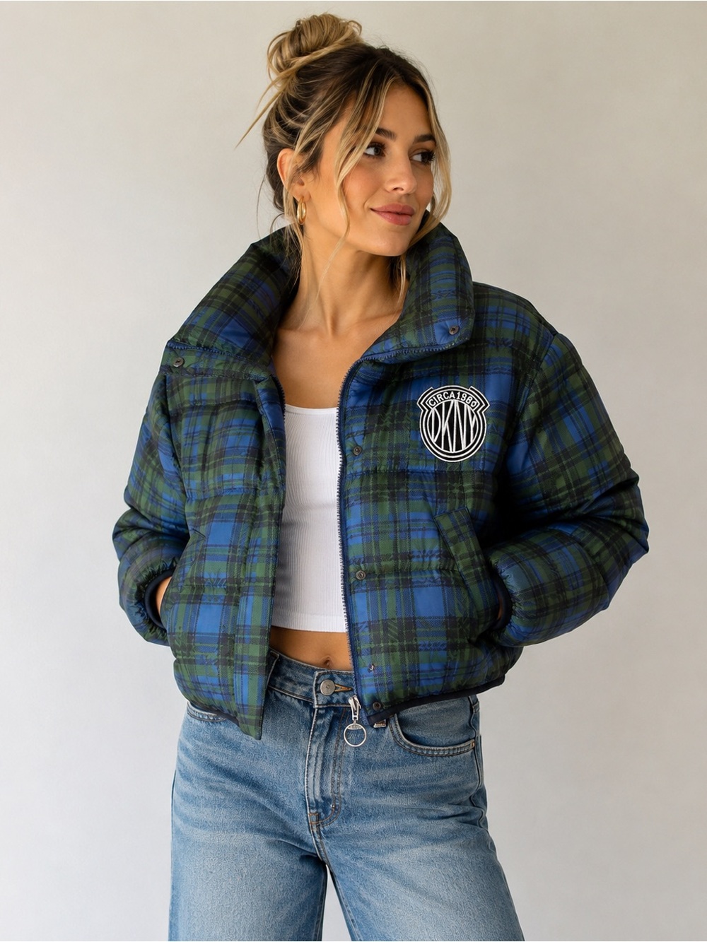 DKNY Jeans XS Blue Green Plaid Puffer Jacket Circa 1989 Preppy Y2K 90s